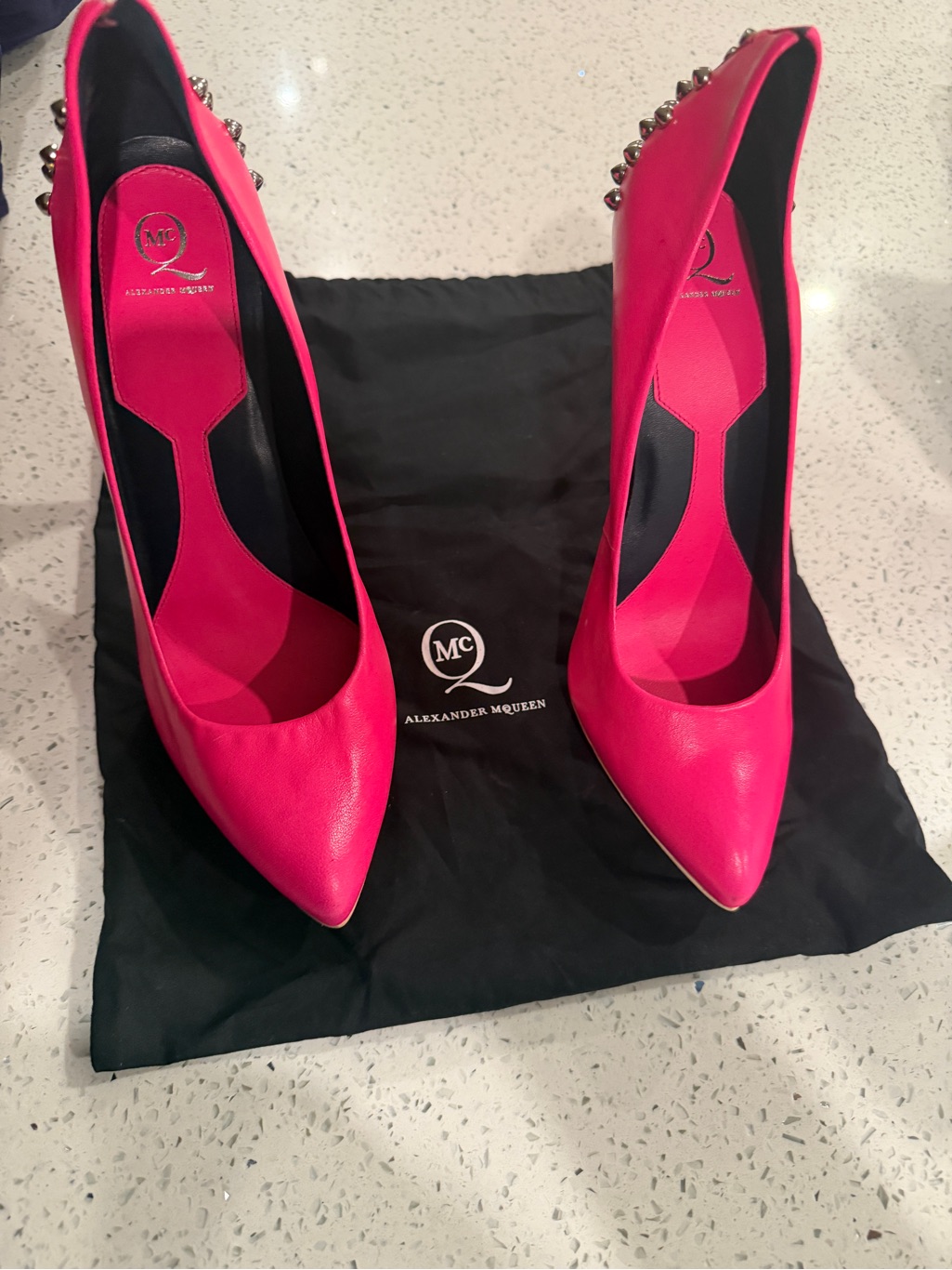 Alexander Mcqueen Neon Pink Pointed Leather Stud-Heel Pumps